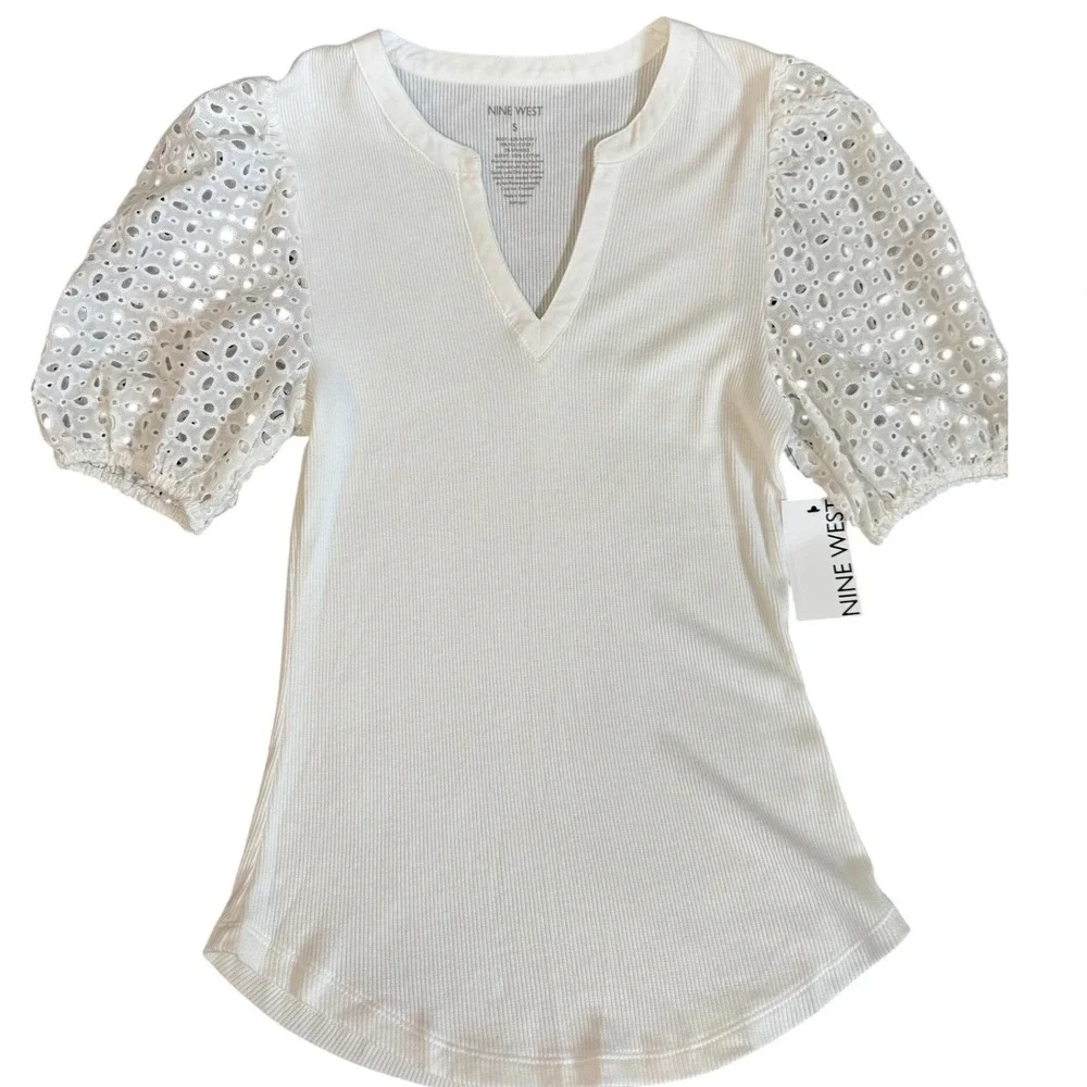Nine West Womens White Ribbed Eyelet Puff Sleeve Split Neck Top Small NWT - Picture 1 of 5